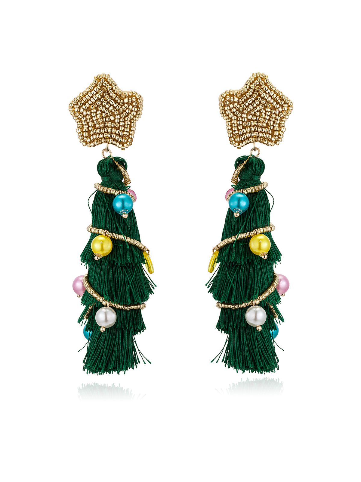 Christmas Tree Long Large Tassel Golden Beaded Earrings Bohemian 4 Tier Big Dangle Drop Green Earrings Twined with Colored Beads Earring for Women Girls Tiered Tassel Druzy Stud Earrings Women Gifts - Click Image to Close